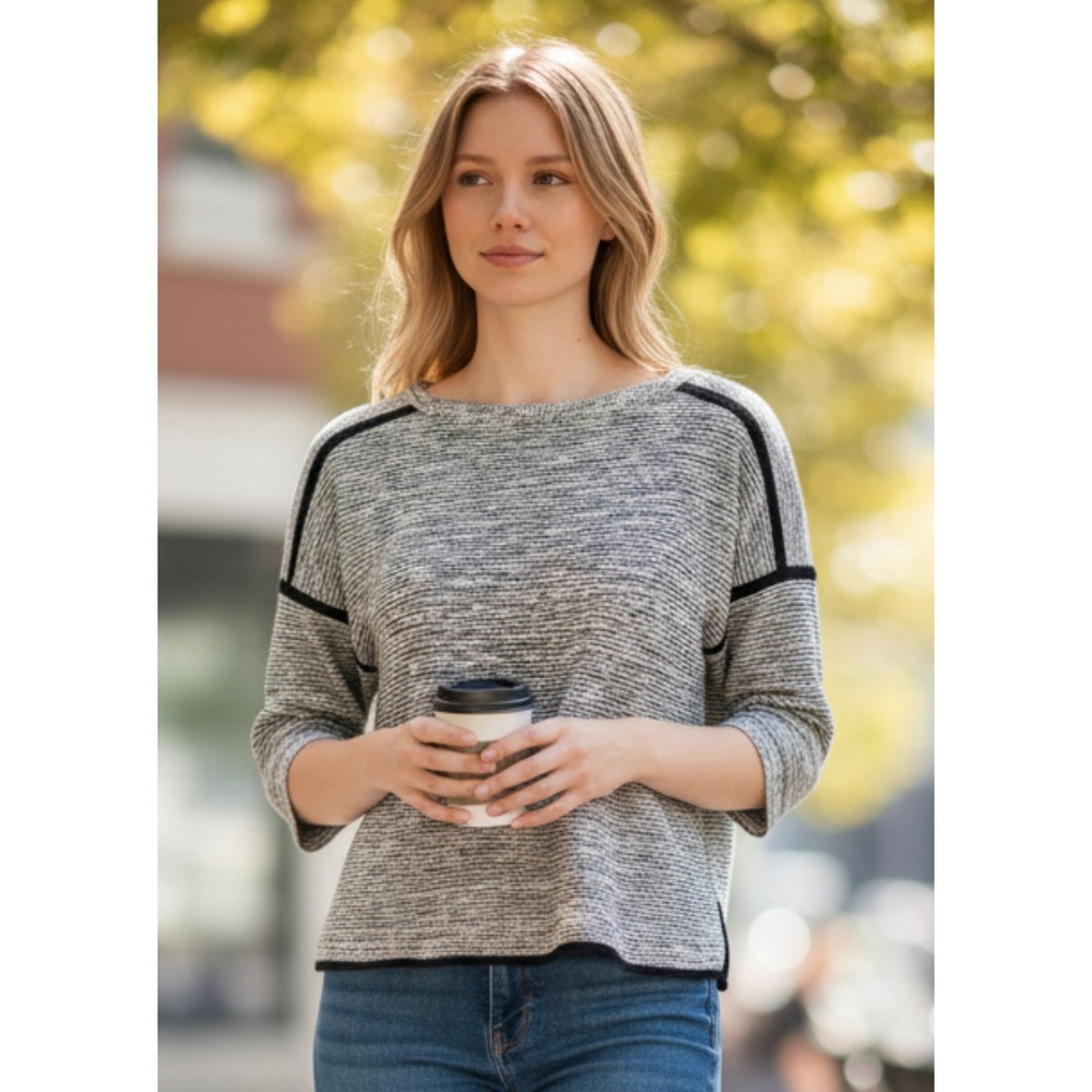 Madewell 1937 Women's Knit Top 3/4 Sleeve‎ Boat Neck Gray Black Size Small